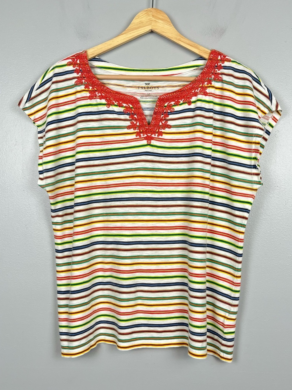 Talbots 100% cotton multicolor striped cap sleeved notch neck top, large petite.